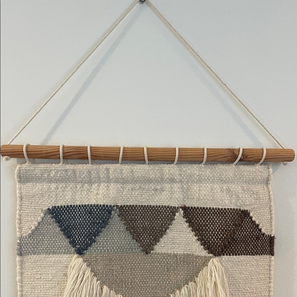 Bohemian Woven Wall Hanging Tapestry with Fringe and Wood Rail - Picture 2 of 6